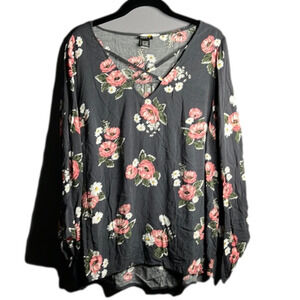 Torrid Gray and Pink Floral Criss Cross Long Sleeve Tunic Size 0